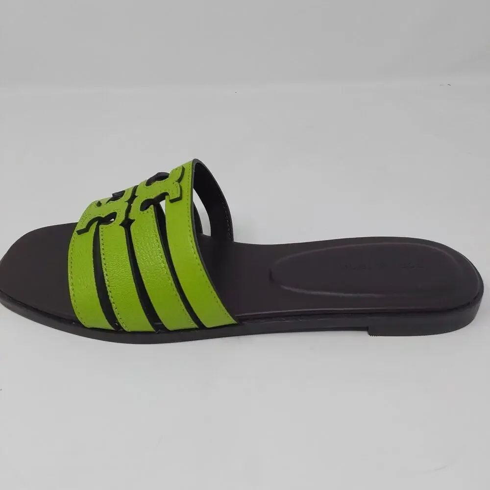 Tory Burch Ines Cage Slide Sandals Light Chartreuse Cocoa Leather US 8